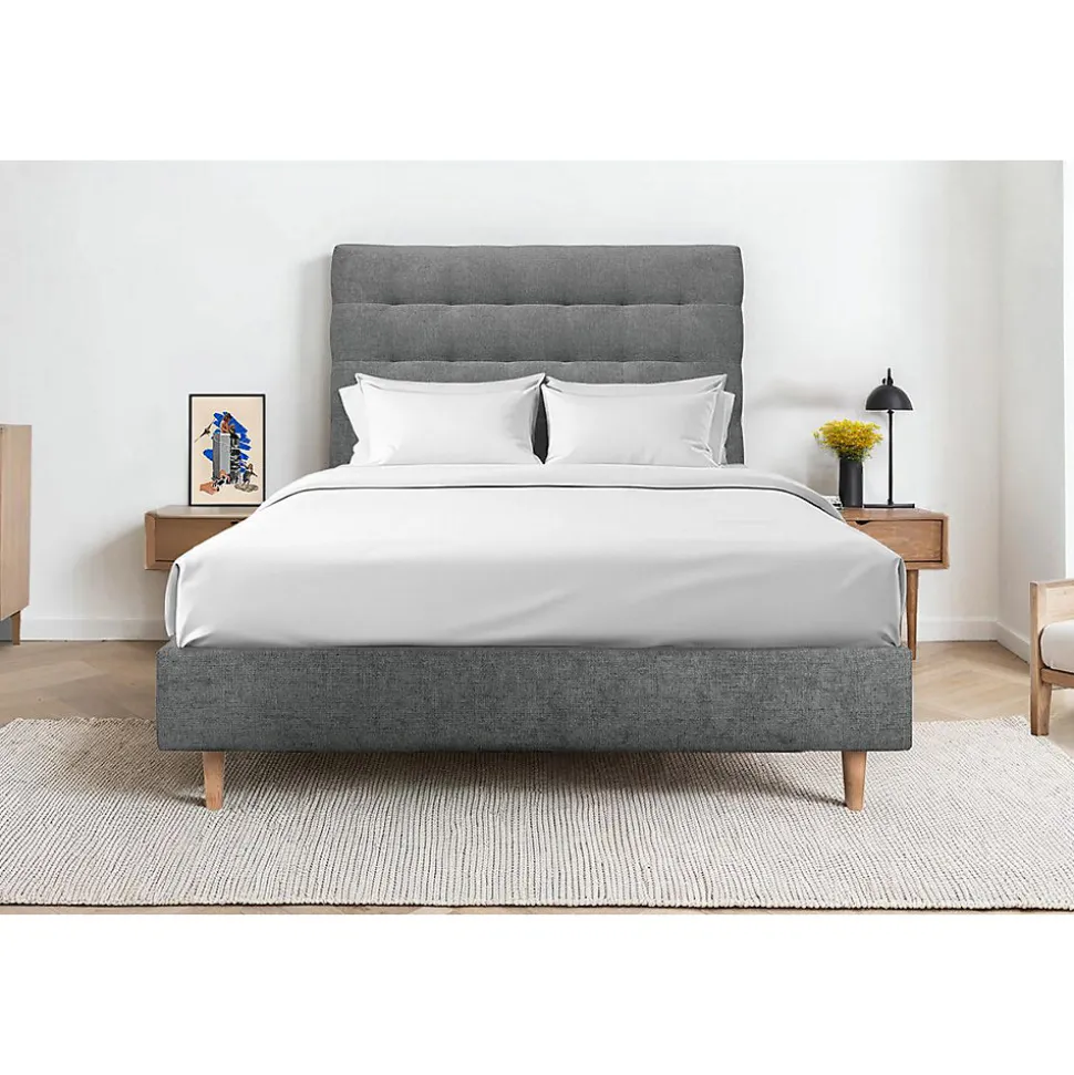 Lit avec tête de lit capitonnée tissu et sommier tapissier - Lit en bois massif