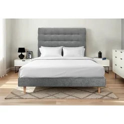 Lit avec tête de lit capitonnée tissu et sommier kit - Lit en bois massif