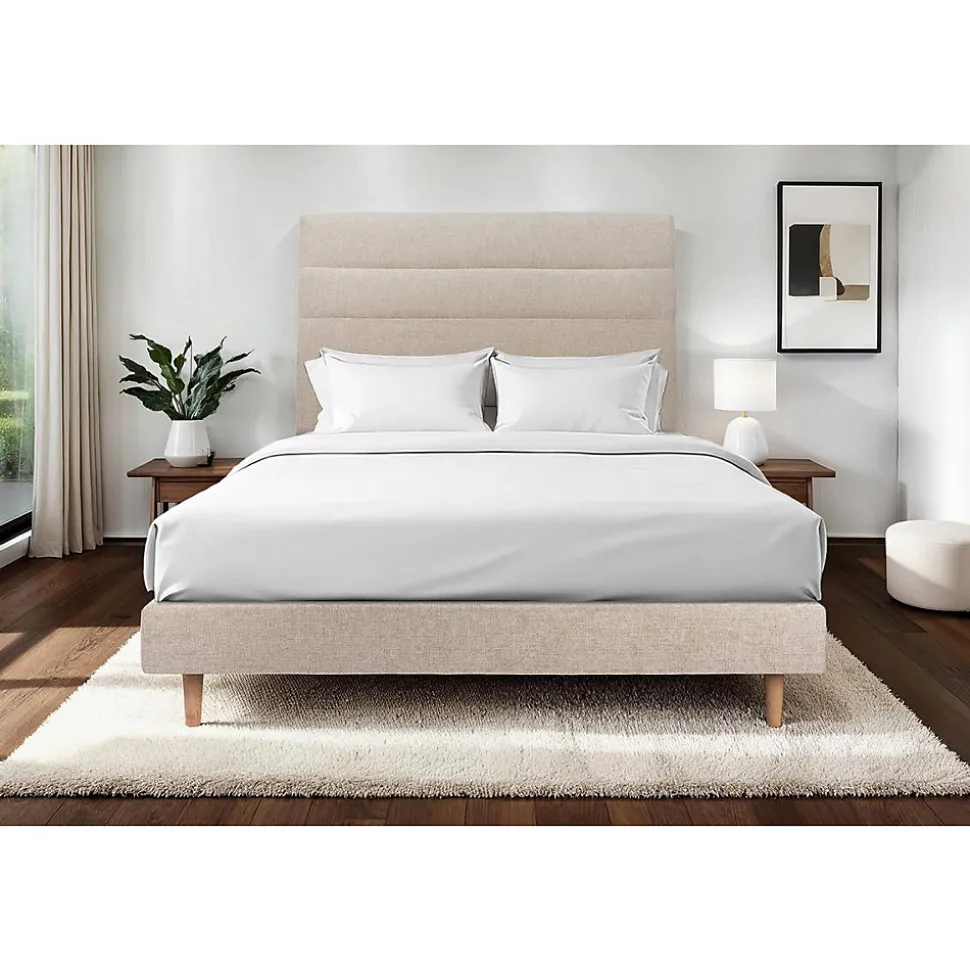 Lit avec tête de lit lignes tissu et sommier tapissier - Lit en bois massif