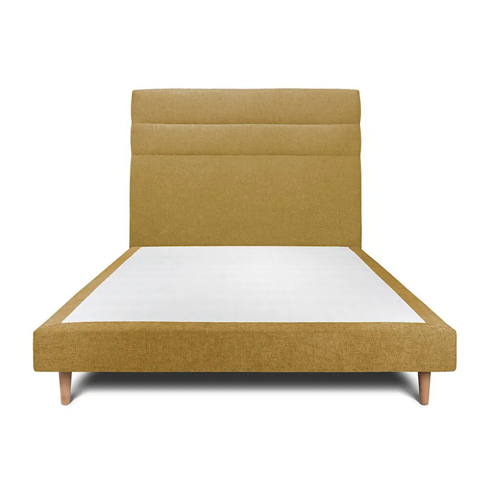 Lit avec tête de lit lignes tissu et sommier tapissier - Lit en bois massif