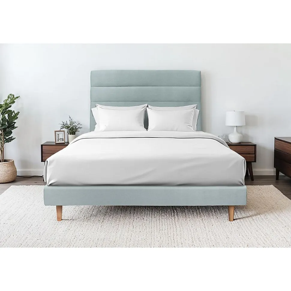 Lit avec tête de lit lignes velours et sommier tapissier - Lit en bois massif