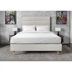 Lit avec tête de lit lignes velours et sommier tapissier - Lit en bois massif