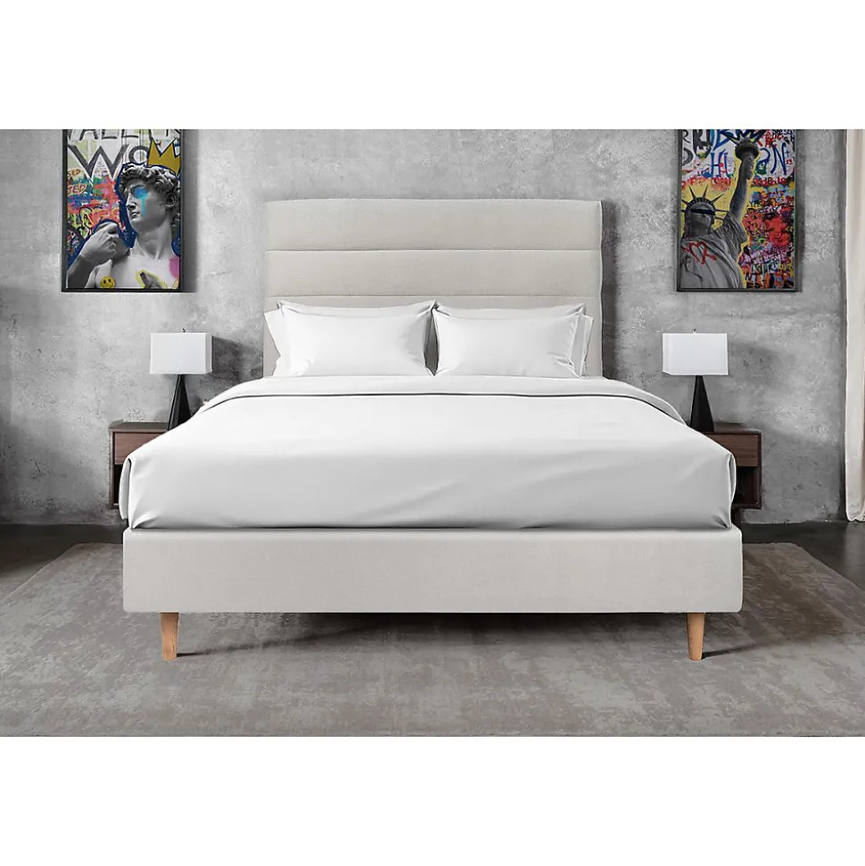 Lit avec tête de lit lignes velours et sommier tapissier - Lit en bois massif