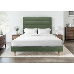 Lit avec tête de lit lignes tissu et sommier tapissier - Lit en bois massif