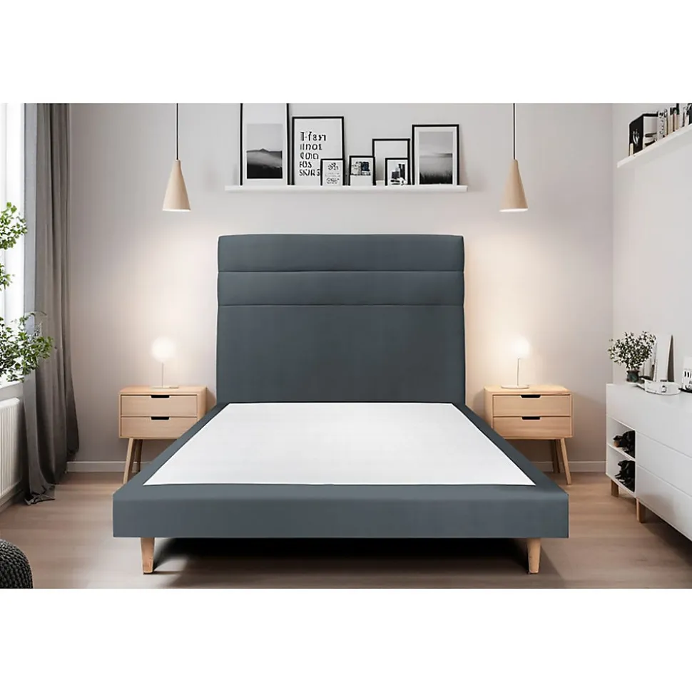 Lit avec tête de lit lignes velours et sommier tapissier - Lit en bois massif