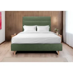 Lit avec tête de lit lignes tissu et sommier tapissier - Lit en bois massif