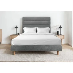 Lit avec tête de lit lignes tissu et sommier tapissier - Lit en bois massif