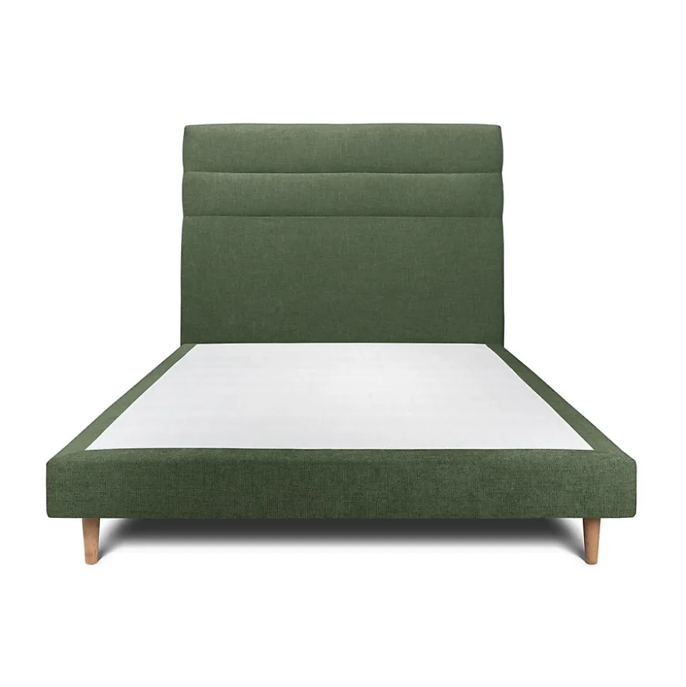 Lit avec tête de lit lignes tissu et sommier tapissier - Lit en bois massif