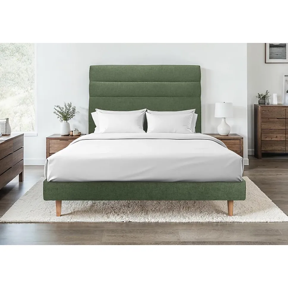 Lit avec tête de lit lignes tissu et sommier tapissier - Lit en bois massif