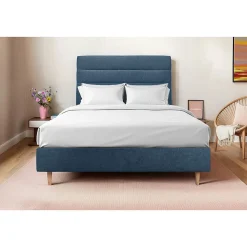 Lit avec tête de lit lignes tissu et sommier tapissier - Lit en bois massif