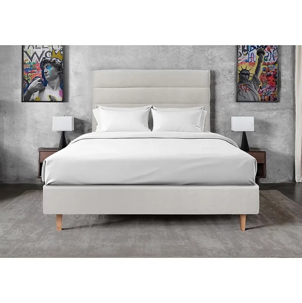 Lit avec tête de lit lignes velours et sommier tapissier - Lit en bois massif