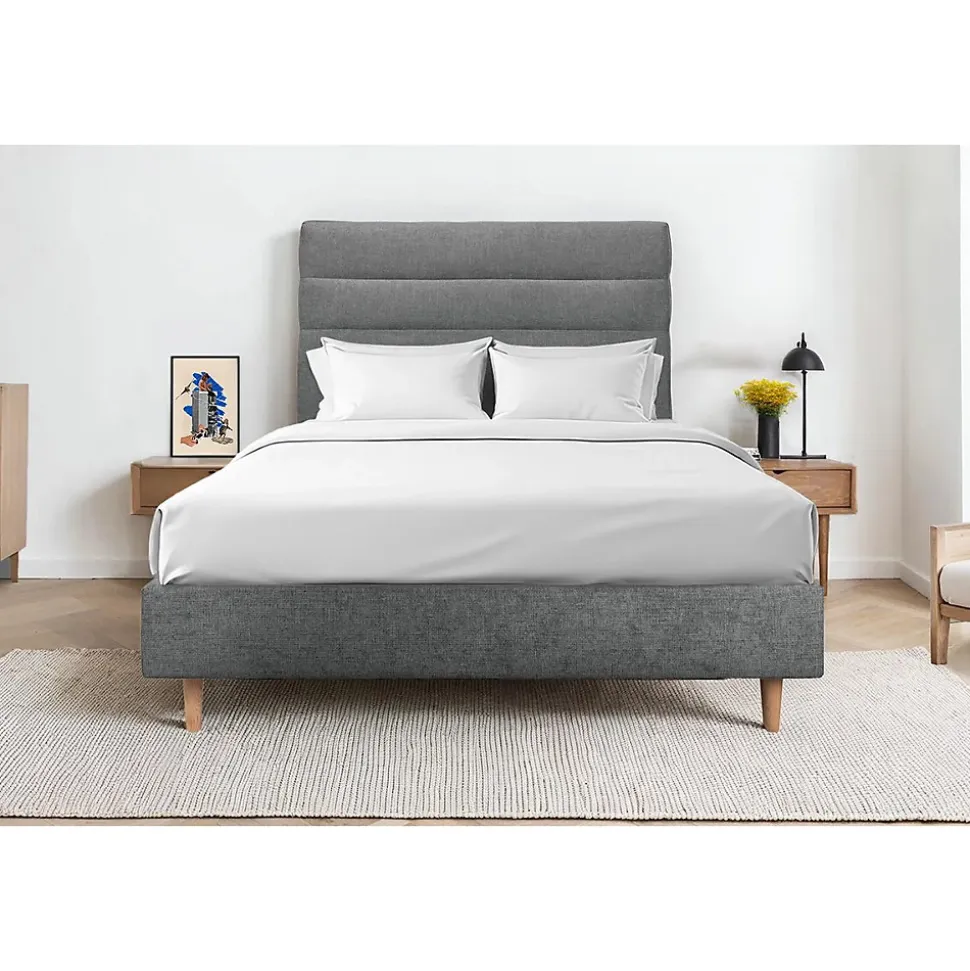 Lit avec tête de lit lignes tissu et sommier tapissier - Lit en bois massif