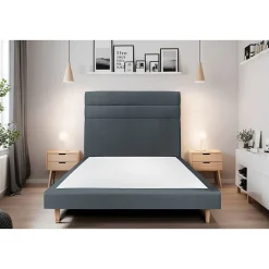 Lit avec tête de lit lignes velours et sommier tapissier - Lit en bois massif