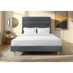 Lit avec tête de lit lignes velours et sommier kit - Lit en bois massif