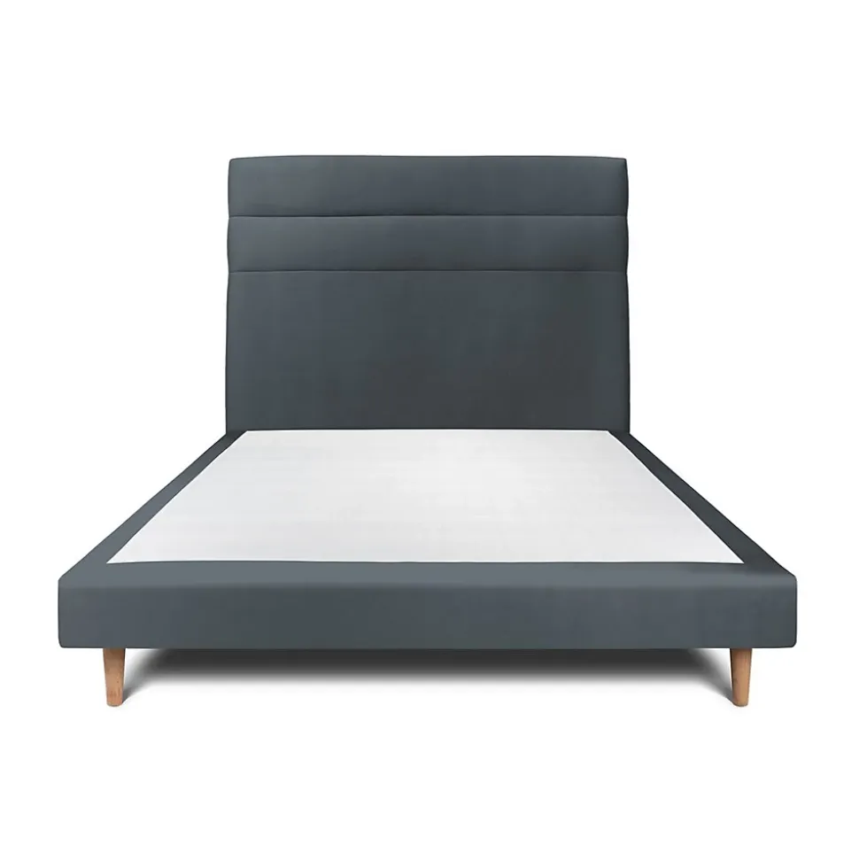 Lit avec tête de lit lignes velours et sommier tapissier - Lit en bois massif