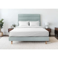 Lit avec tête de lit lignes velours et sommier tapissier - Lit en bois massif