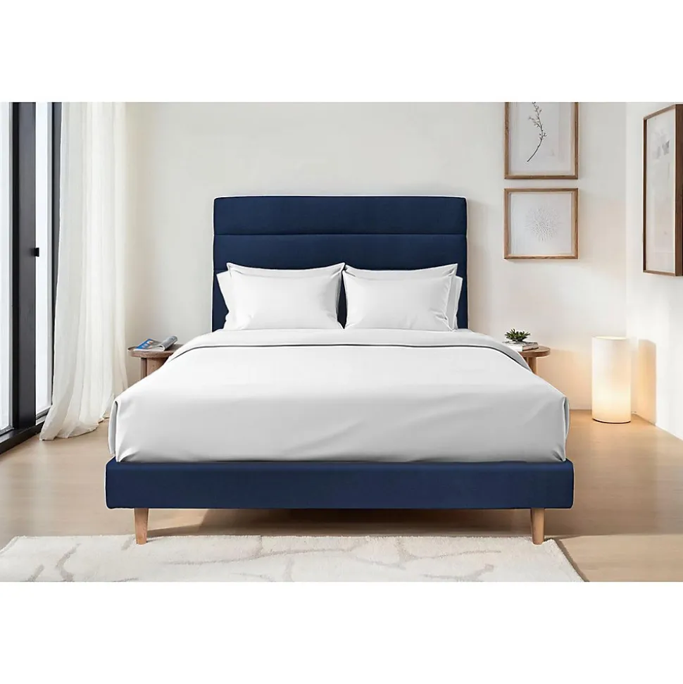 Lit avec tête de lit lignes velours et sommier tapissier - Lit en bois massif