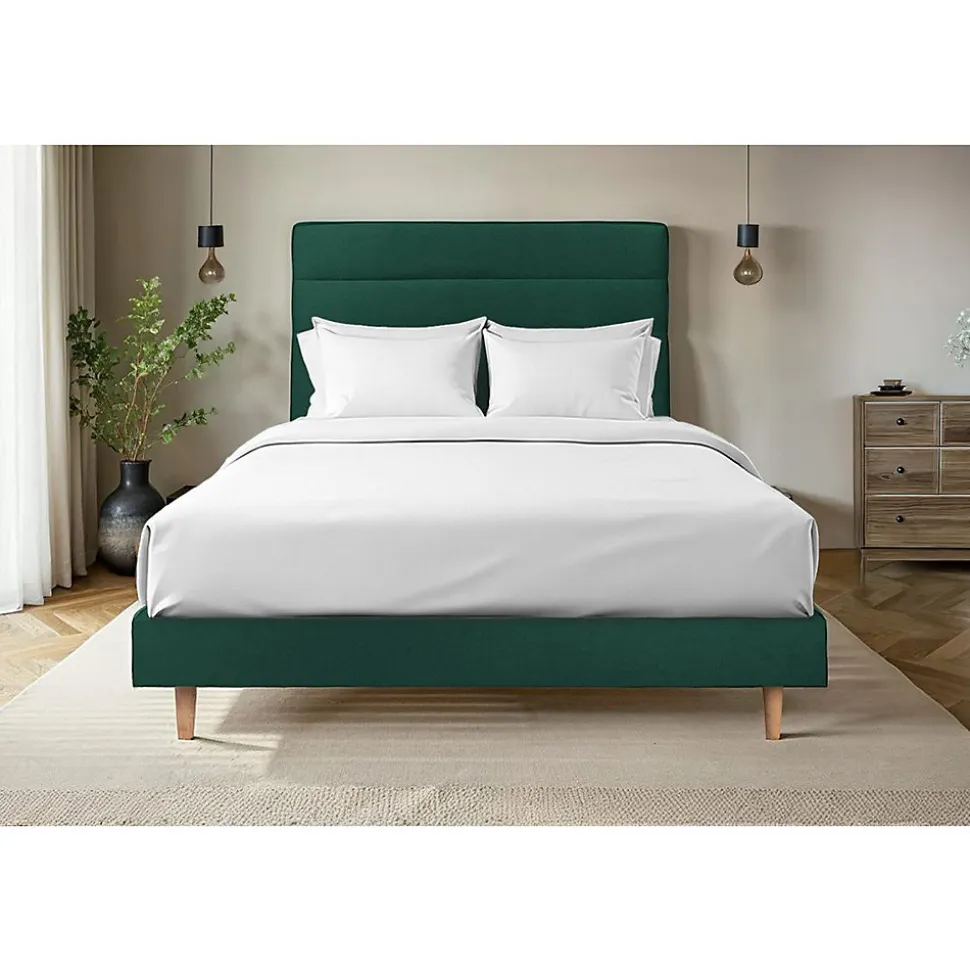 Lit avec tête de lit lignes velours et sommier tapissier - Lit en bois massif