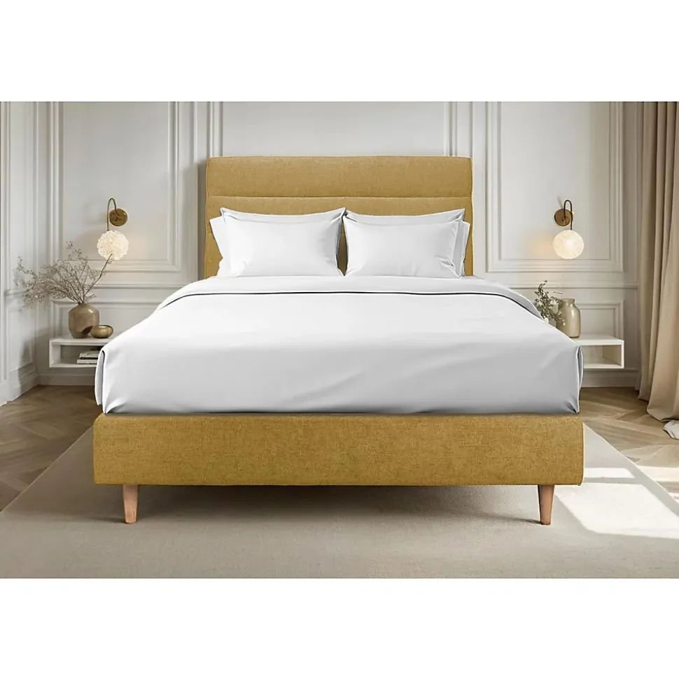 Lit avec tête de lit lignes tissu et sommier tapissier - Lit en bois massif