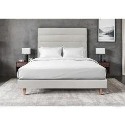 Lit avec tête de lit lignes velours et sommier tapissier - Lit en bois massif