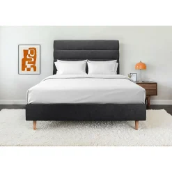 Lit avec tête de lit lignes tissu et sommier tapissier - Lit en bois massif