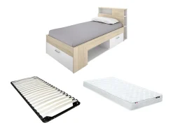 Lit avec tête de lit rangements et tiroir - 90 x 190 cm - Blanc et Naturel + matelas + sommier - LEANDRE