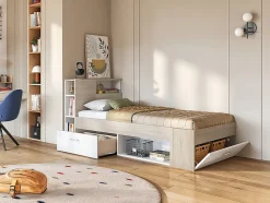 Lit avec tête de lit rangements et tiroir - 90 x 190 cm - Blanc et Naturel + matelas + sommier - LEANDRE