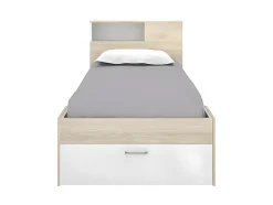 Lit avec tête de lit rangements et tiroir - 90 x 190 cm - Blanc et Naturel + matelas + sommier - LEANDRE