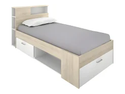 Lit avec tête de lit rangements et tiroir - 90 x 190 cm - Blanc et Naturel + matelas + sommier - LEANDRE