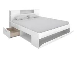 Lit avec tête de lit rangements et tiroirs - 140 x 190 cm - Coloris : Blanc - LEANDRE