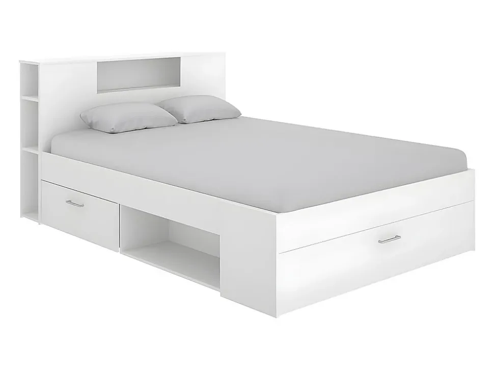 Lit avec tête de lit rangements et tiroirs - 140 x 190 cm - Coloris : Blanc - LEANDRE