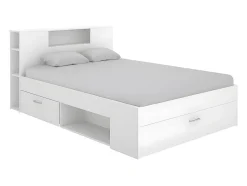 Lit avec tête de lit rangements et tiroirs - 140 x 190 cm - Coloris : Blanc - LEANDRE