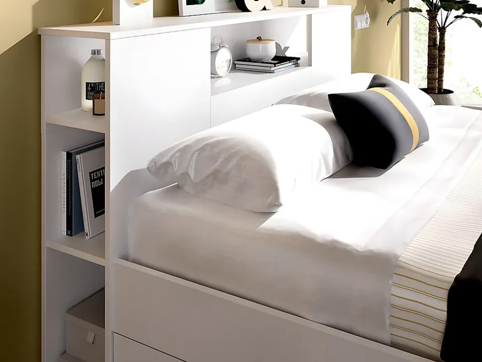 Lit avec tête de lit rangements et tiroirs - 140 x 190 cm - Coloris : Blanc - LEANDRE