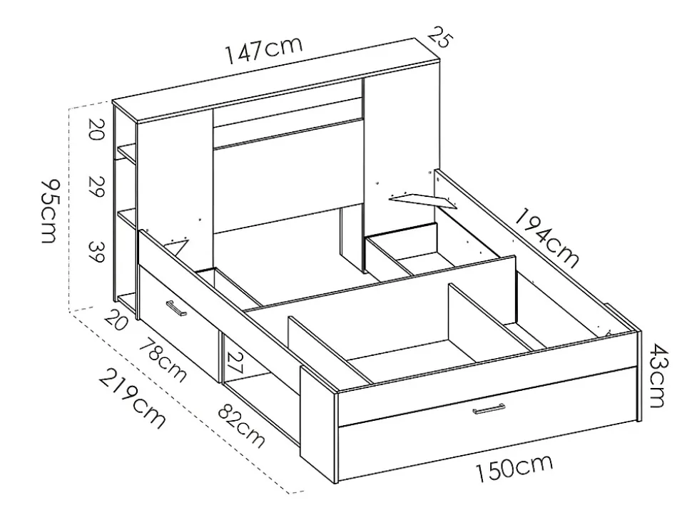 Lit avec tête de lit rangements et tiroirs - 140 x 190 cm - Coloris : Blanc - LEANDRE