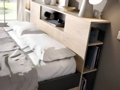 Lit avec tête de lit rangements et tiroirs - 140 x 190 cm - Coloris : Naturel et anthracite + Sommier - LEANDRE