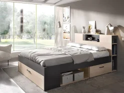 Lit avec tête de lit rangements et tiroirs - 140 x 190 cm - Coloris : Naturel et anthracite + Sommier - LEANDRE