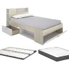 Lit avec tête de lit rangements et tiroir - 120 x 190 cm - Naturel et blanc + Sommier + Matelas - LEANDRE