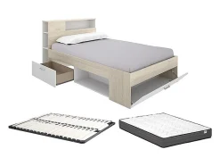 Lit avec tête de lit rangements et tiroir - 120 x 190 cm - Naturel et blanc + Sommier + Matelas - LEANDRE
