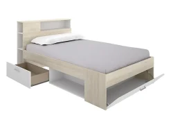 Lit avec tête de lit rangements et tiroir - 120 x 190 cm - Naturel et blanc + Sommier + Matelas - LEANDRE