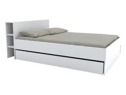 Lit avec tête de lit rangements et tiroirs 160 x 200 cm - Blanc - EUGENE