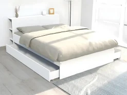 Lit avec tête de lit rangements et tiroirs 160 x 200 cm - Blanc - EUGENE