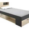 Lit avec tête de lit rangements et tiroir - 90 x 190 cm - Anthracite et naturel - LEANDRE