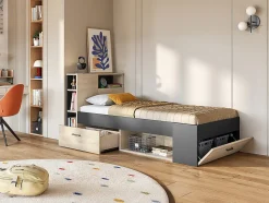 Lit avec tête de lit rangements et tiroir - 90 x 190 cm - Anthracite et naturel - LEANDRE