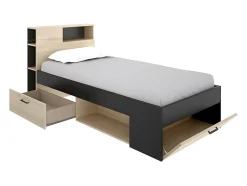 Lit avec tête de lit rangements et tiroir - 90 x 190 cm - Anthracite et naturel - LEANDRE