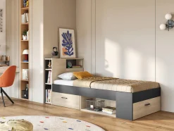Lit avec tête de lit rangements et tiroir - 90 x 190 cm - Anthracite et naturel - LEANDRE