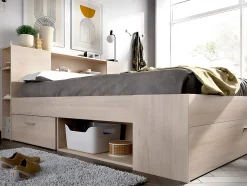 Lit avec tête de lit rangements et tiroirs - 140 x 190 cm - Coloris : Naturel - LEANDRE