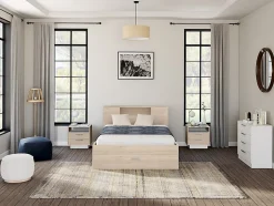 Lit avec tête de lit rangements et tiroirs - 140 x 190 cm - Coloris : Naturel - LEANDRE