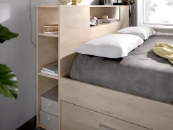 Lit avec tête de lit rangements et tiroirs - 140 x 190 cm - Coloris : Naturel - LEANDRE