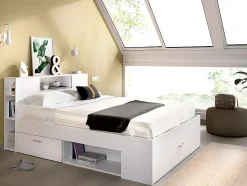 Lit avec tête de lit rangements et tiroirs - 140 x 190 cm - Coloris : Blanc + Sommier + Matelas - LEANDRE