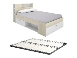 Lit avec tête de lit rangements et tiroir - 120 x 190cm - Coloris : Naturel et blanc + Sommier - LEANDRE